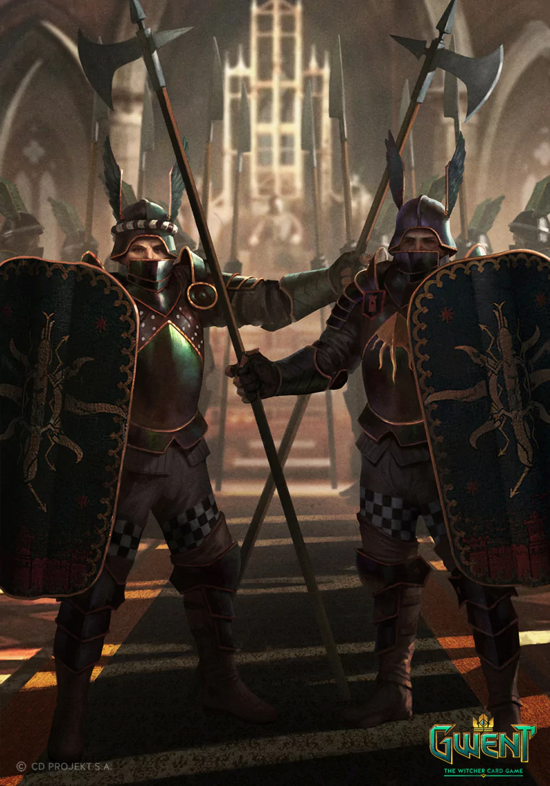 Two Nilfgaardian armored guards with halberds and black‑gold shields stand in a cathedral-like hall — Nilfgaard (The Witcher) artwork from the video game Gwent: The Witcher Card Game.