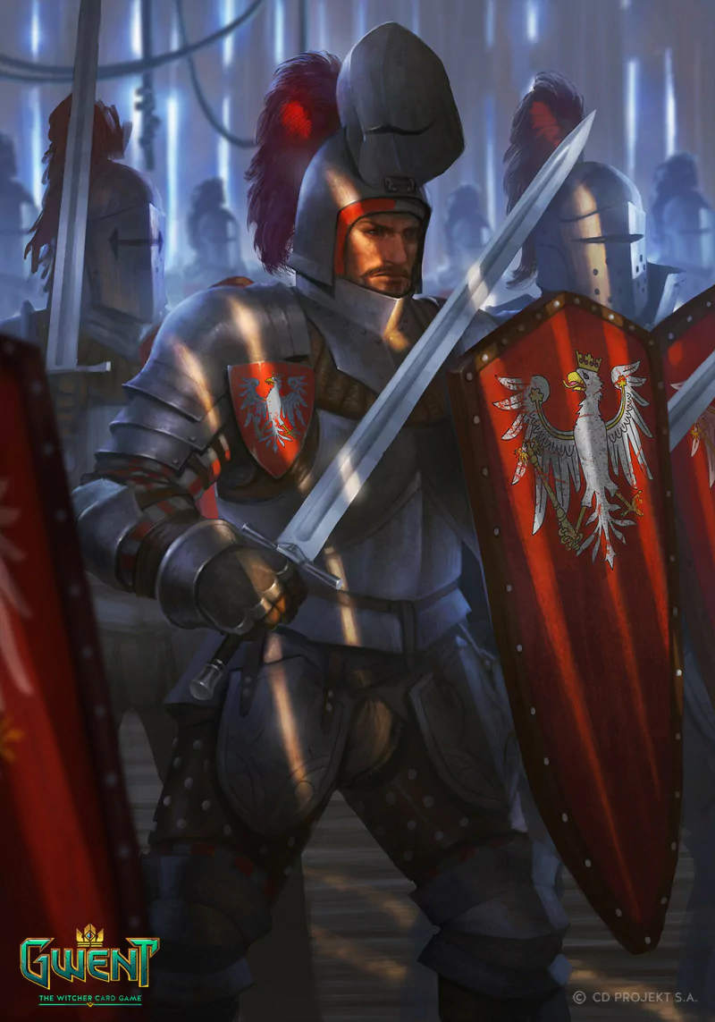 Redanian knight in plate armor, sword raised and red shield with a white eagle, leading ranks of soldiers — artwork for the video game Gwent: The Witcher Card Game.