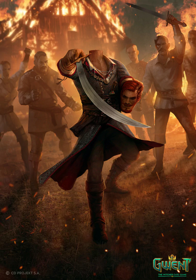 A headless warrior wielding a curved sword and holding a severed head charges forward while armed figures stand against a fiery backdrop in the video game Gwent: The Witcher Card Game.