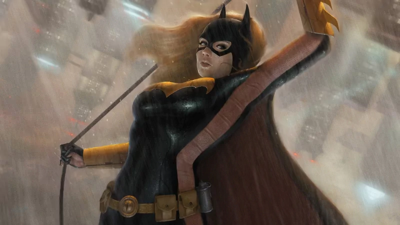 A dynamic scene from the video game Batman: Arkham Origins featuring Batgirl in action during a rainstorm.