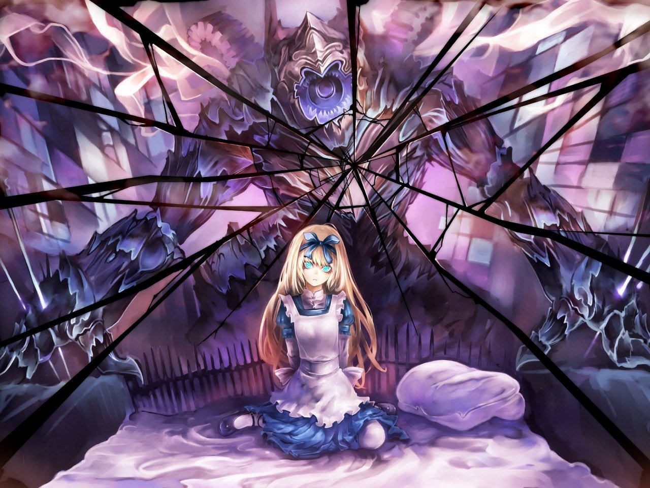 Anime Alice in Wonderland: a blue-dressed, blindfolded Alice kneels as cracked glass radiates, revealing a monstrous, grinning Cheshire-like figure looming behind.