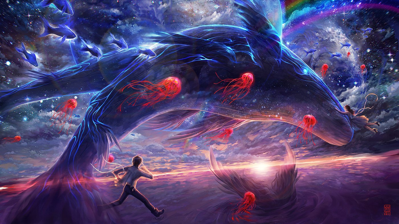 A lone figure runs toward a massive fantasy whale swimming through a cosmic, rainbow-lit sky among glowing jellyfish and swirling stars.