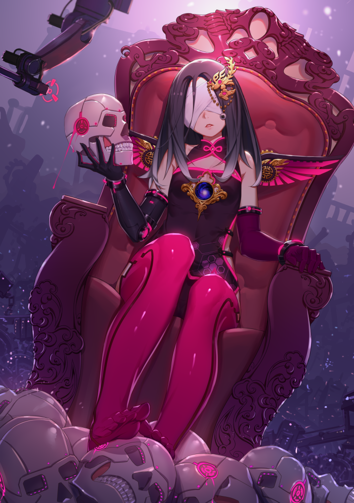 A dark anime girl with long hair and a blindfold sits on an ornate throne, holding a skull, surrounded by skulls under a moody purple sky.