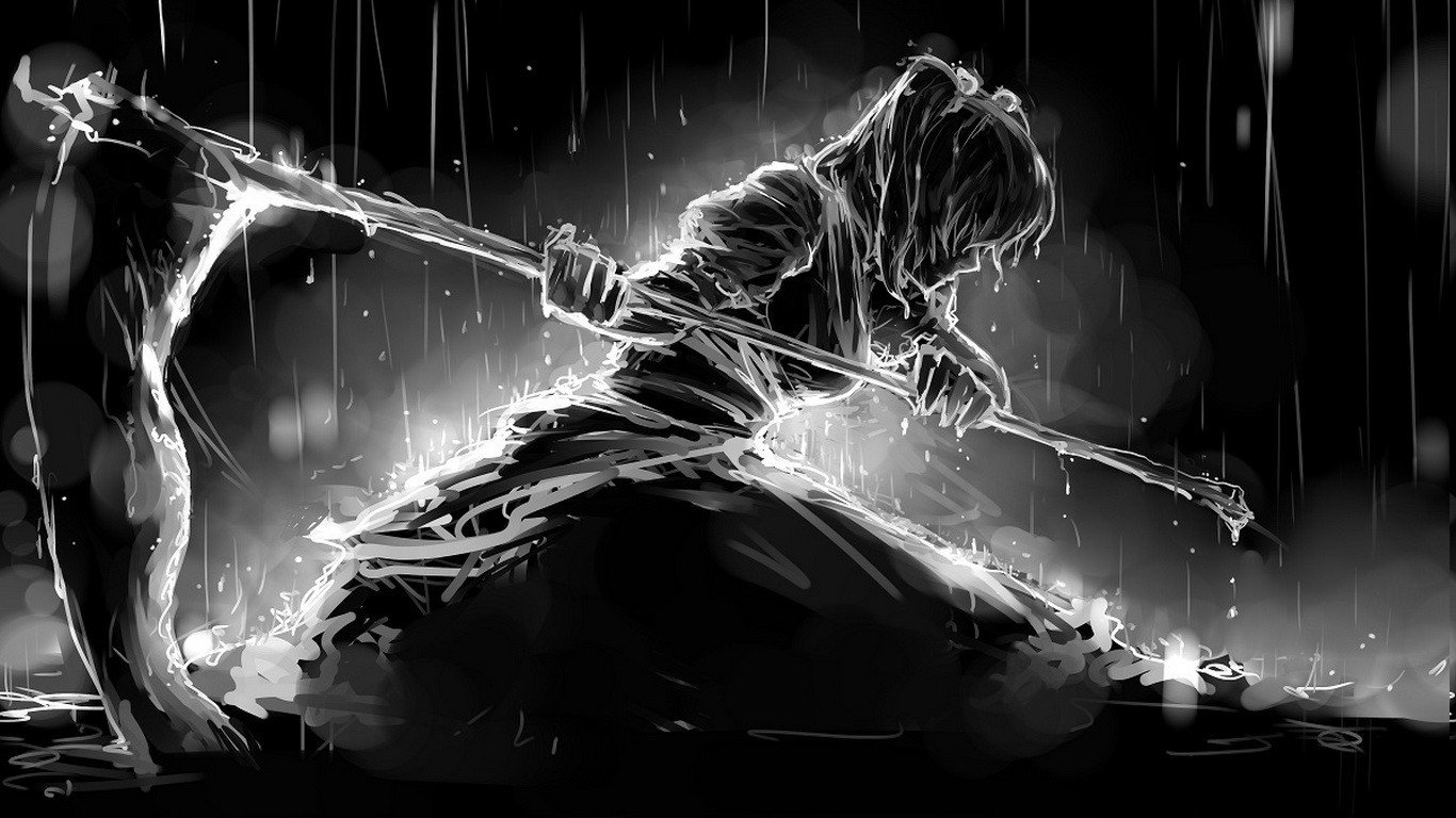 Dark anime-style image of Komachi Onozuka from Touhou, depicted in a rainy, shadowy scene holding a large scythe with glowing edges.