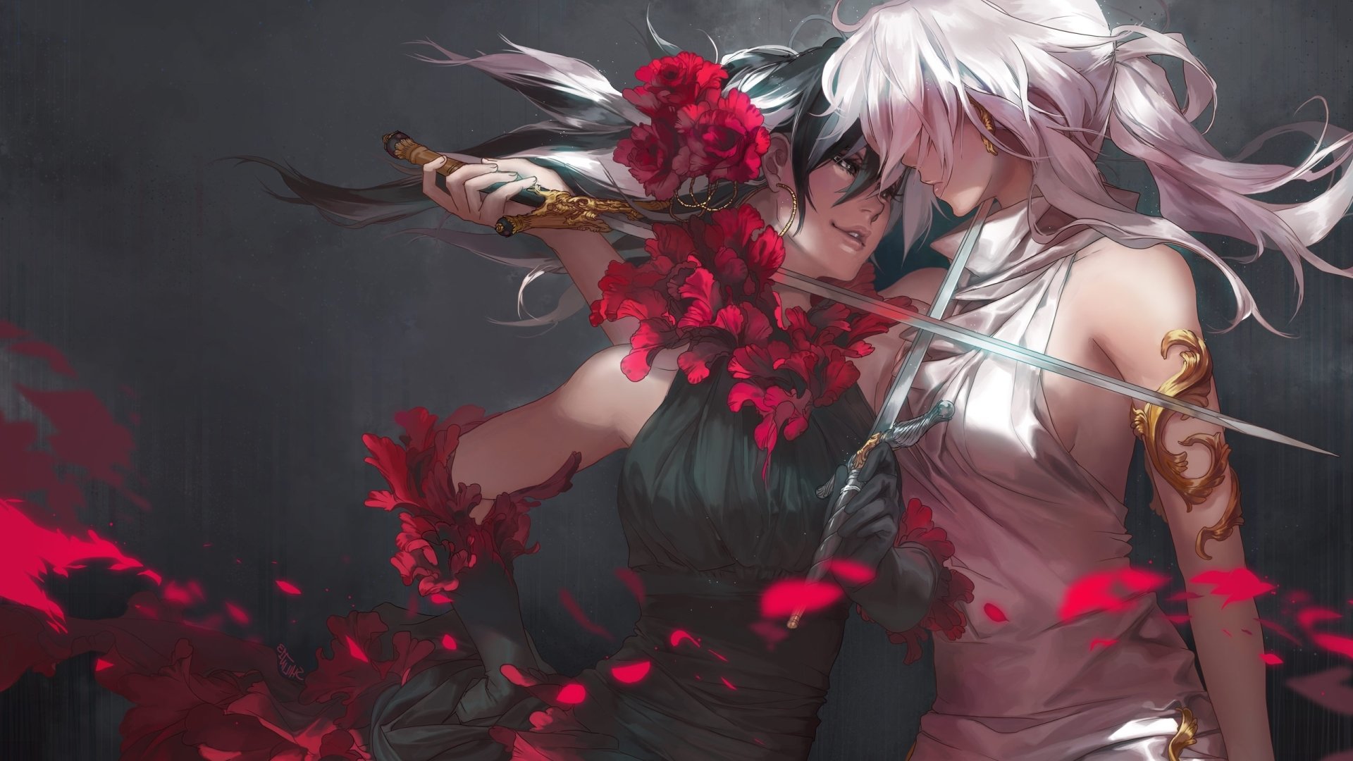A dramatic scene from the comic Carciphona shows two characters closely facing each other, surrounded by swirling red petals and intense emotion.