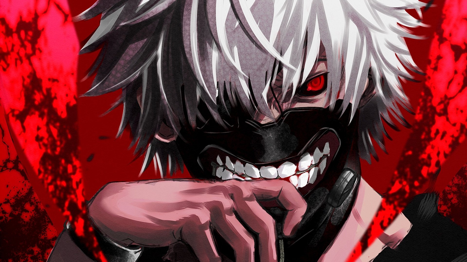 Ken Kaneki from the anime Tokyo Ghoul, depicted with white hair, a black mask covering his lower face, and red eyes against a dark red background.