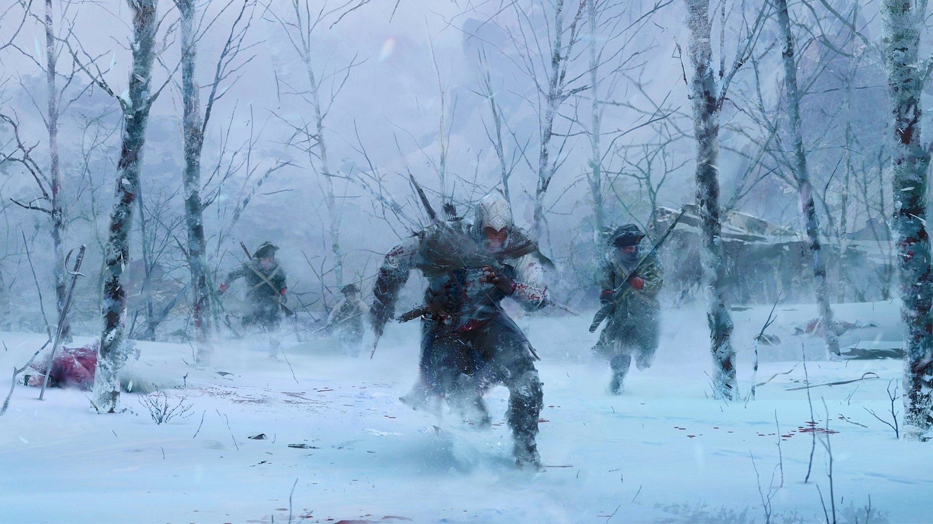 A snowy landscape from Assassin's Creed III, featuring a protagonist in motion, with soldiers and a tense atmosphere amidst bare trees.