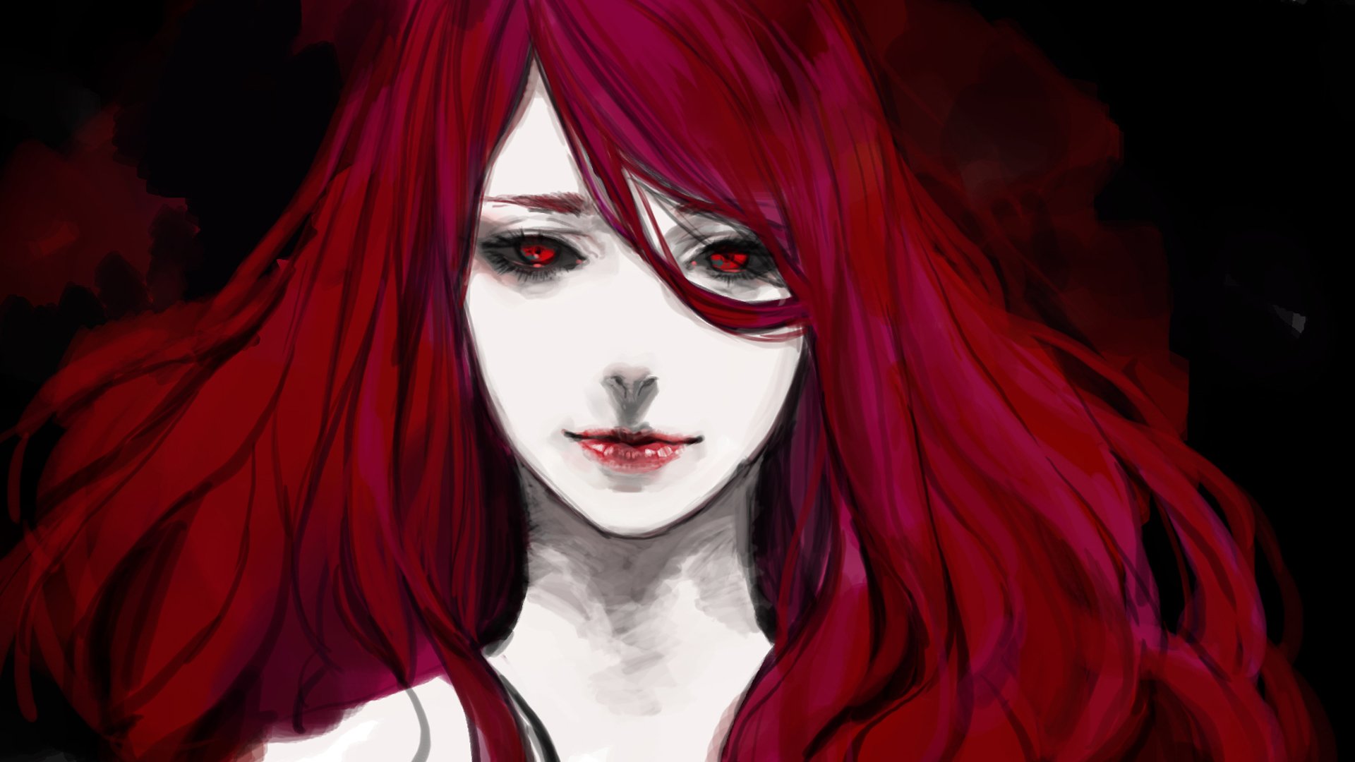 A striking portrait of Rize Kamishiro from the anime Tokyo Ghoul, featuring her long red hair and intense gaze set against a dark backdrop.