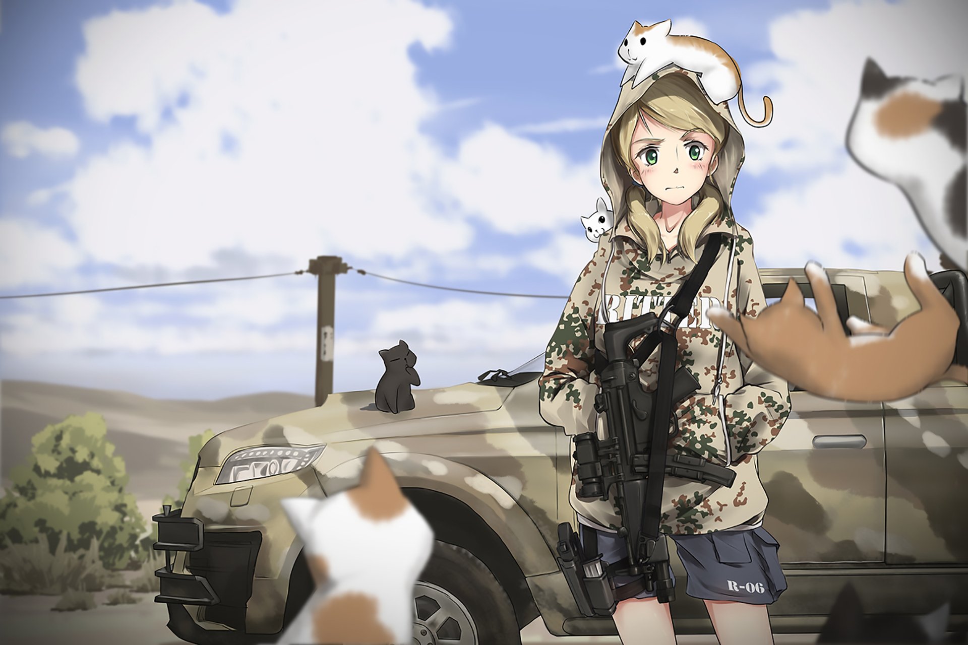 Anime military scene: a young soldier in camouflage holds a rifle beside a camo vehicle in a dry landscape, playful cats clamber on and around her — military anime.