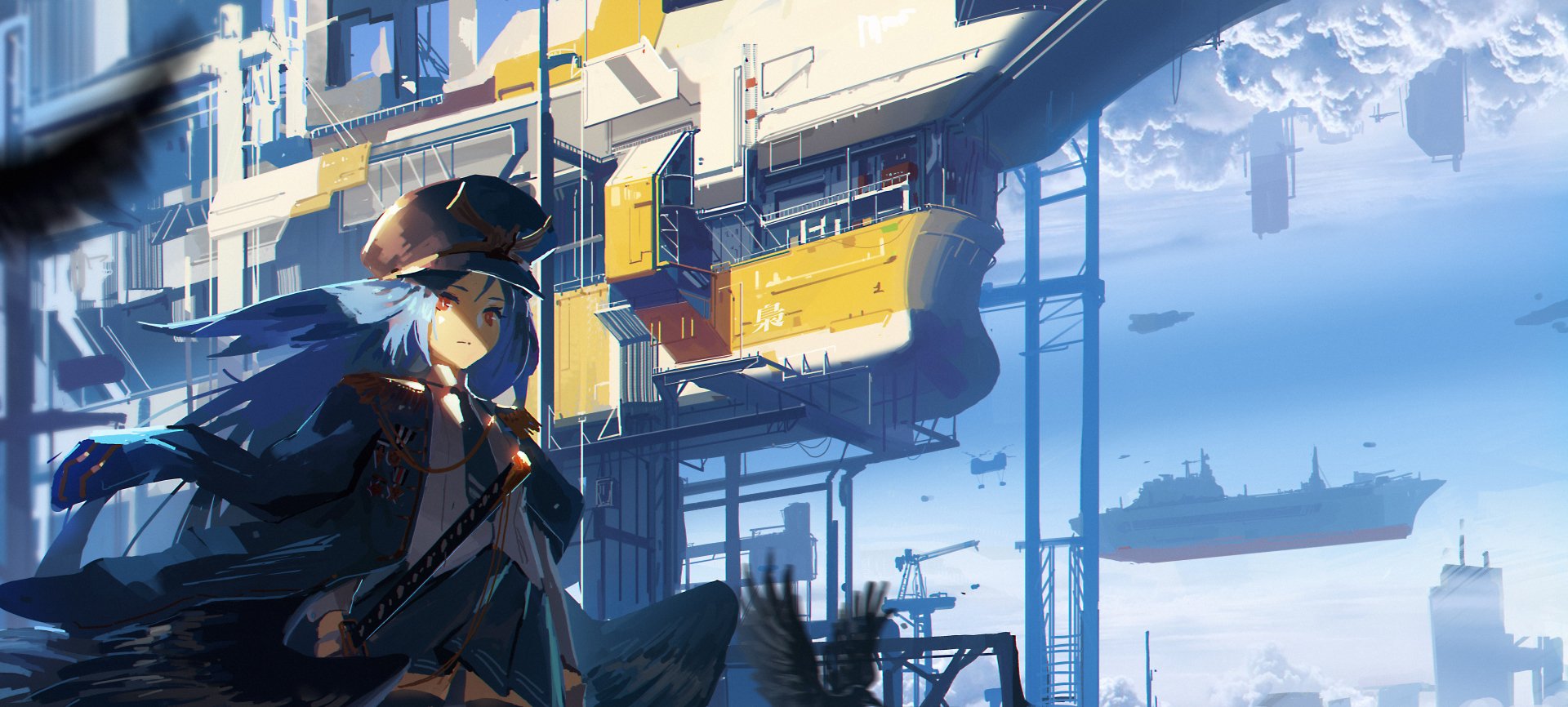 Download Blue Hair Cloud Sky Warship Anime Military Sky Anime Art