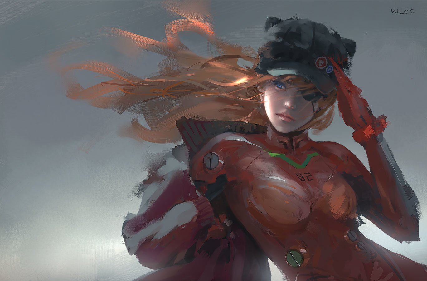 Asuka Langley Sohryu from Evangelion: 3.0 You Can (Not) Redo is depicted wearing an eye patch and a stylish cap, showcasing her strong character and iconic mecha suit.