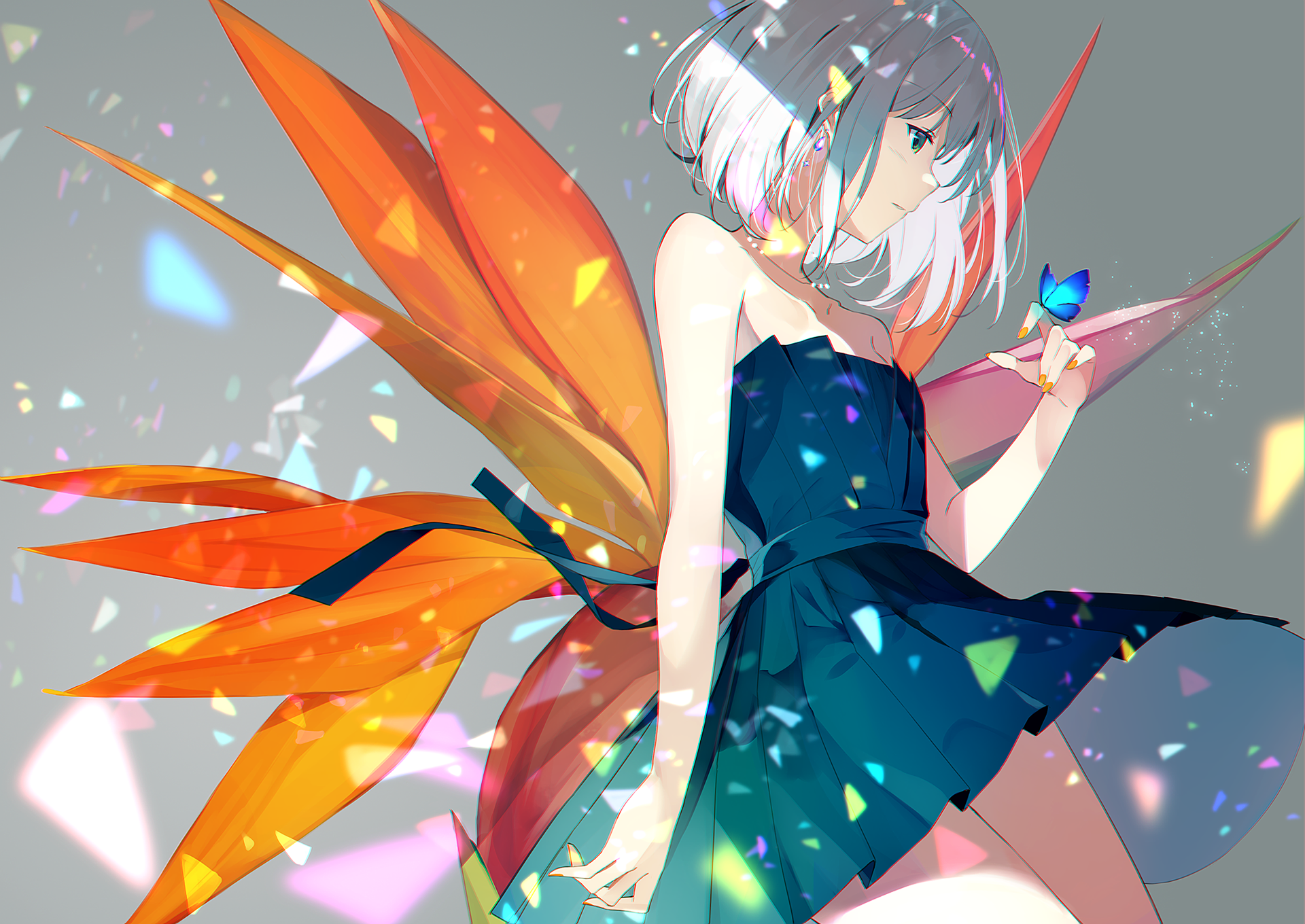 Anime girl with white hair and vibrant orange butterfly wings holds a glowing blue butterfly, surrounded by colorful light fragments.