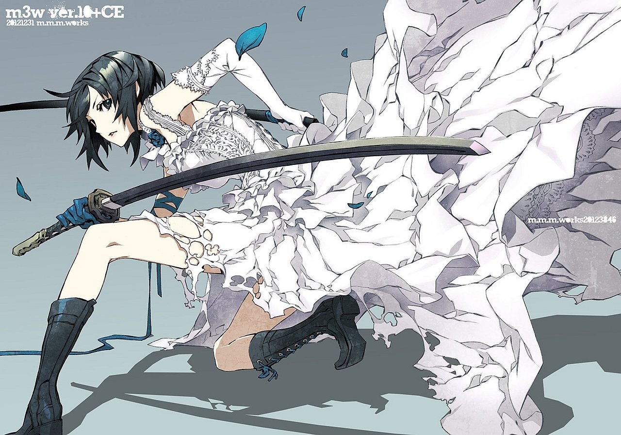 A dynamic portrayal of Naoto Fuyumine from the anime Dogs: Bullets & Carnage, featuring a character in a flowing dress wielding a sword amidst an engaging backdrop.