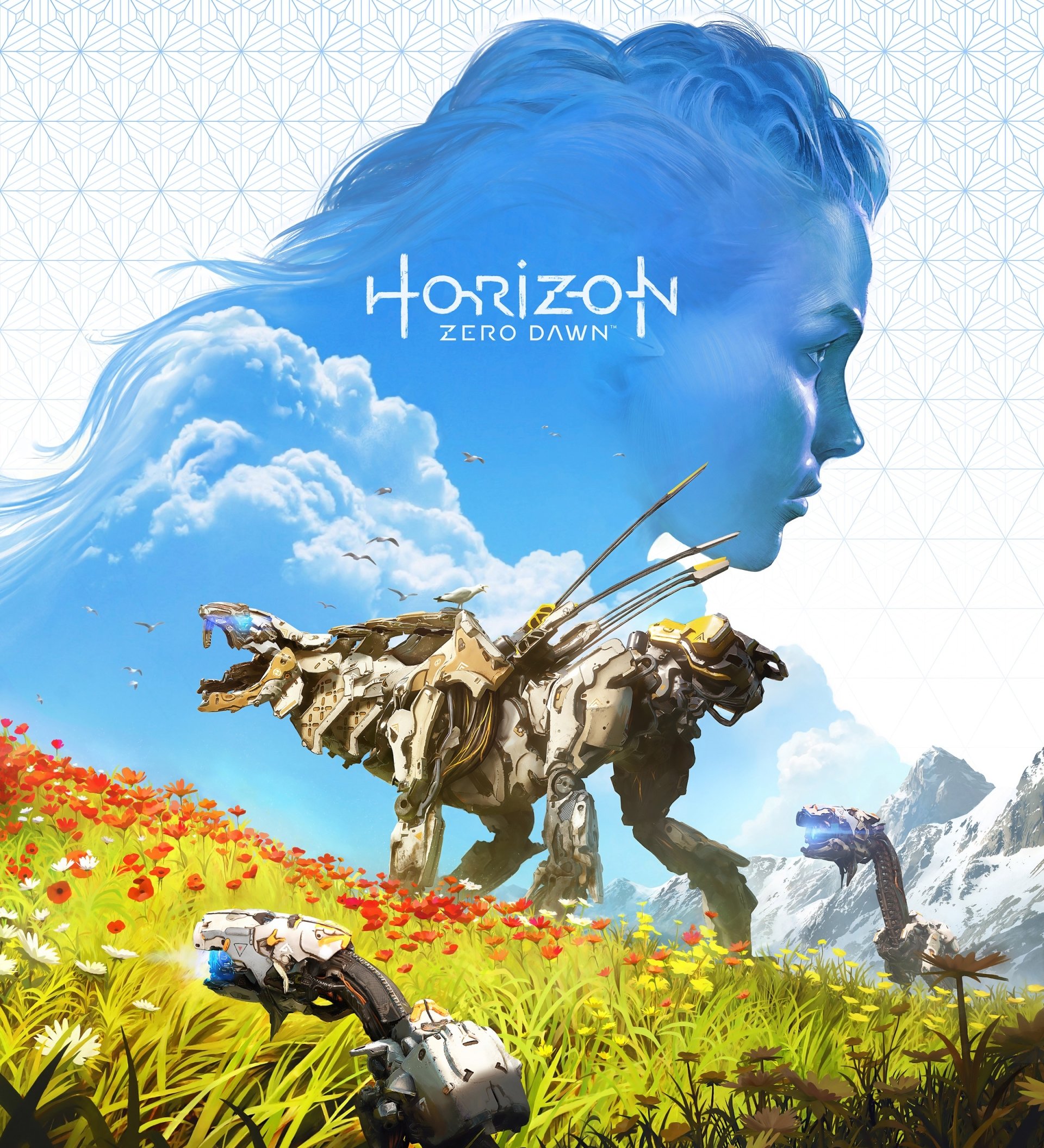 Cover art for the video game Horizon Zero Dawn showing Aloy (Horizon Series) as a blue profile in the sky above a flowered field with towering robotic machines.