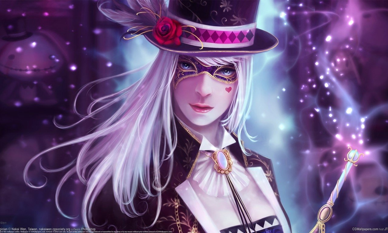 A fantasy-themed woman wears an elegant outfit and a top hat adorned with a rose, exuding a captivating aura amidst a mystical, glowing backdrop.