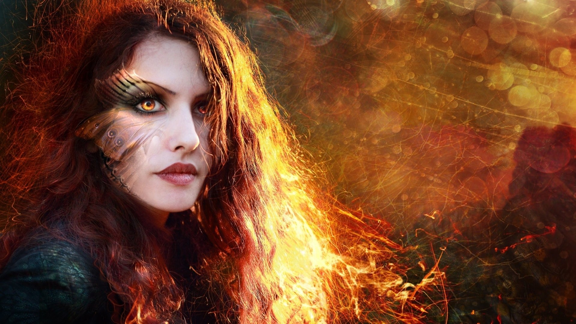 Artistic portrait of a woman with long red hair, dramatic makeup, and a textured, glowing background blending warm tones and abstract patterns.