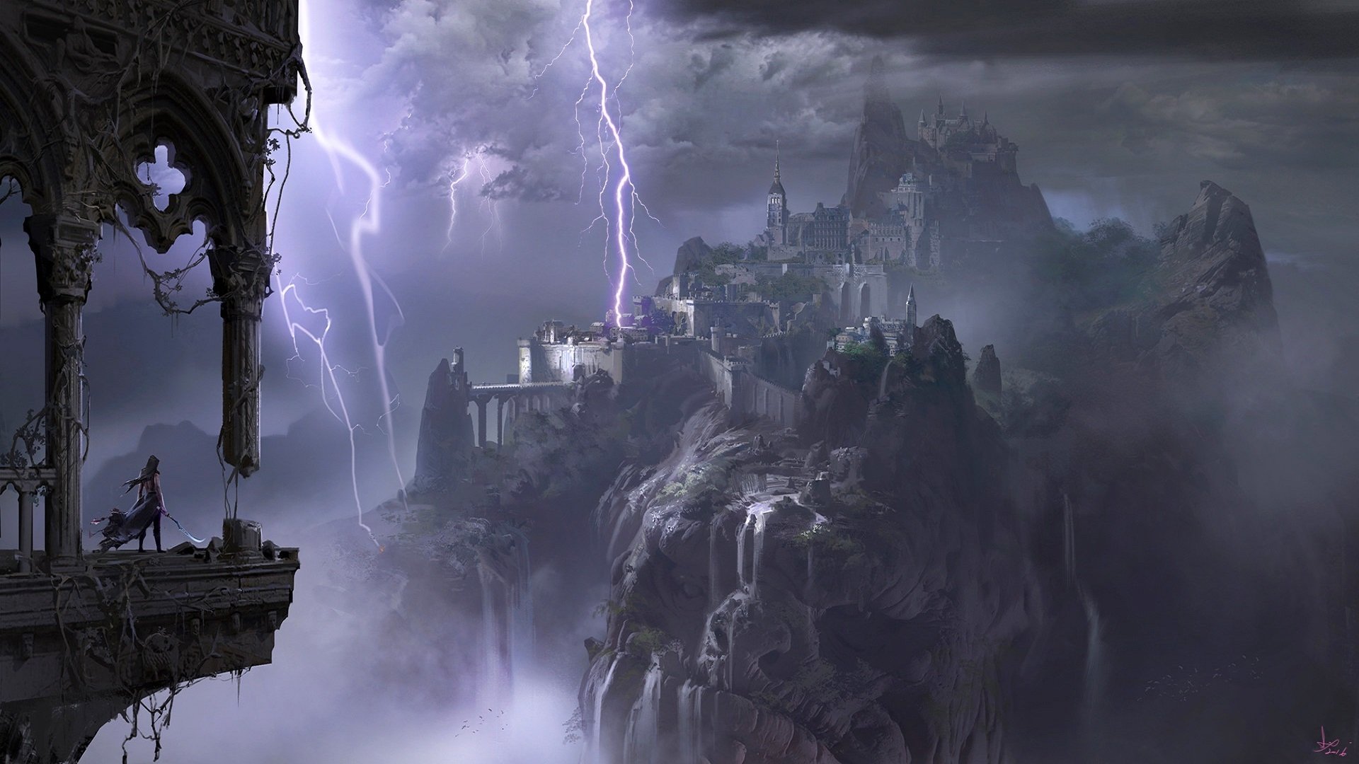 A fantasy warrior stands on an ornate balcony overlooking a misty landscape with a castle atop rugged cliffs, illuminated by vivid lightning strikes.