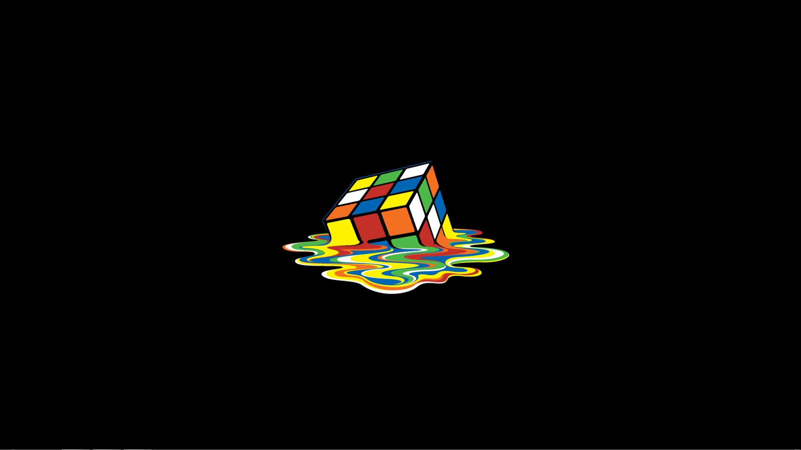 A vibrant Rubik's Cube appears to melt into colorful liquid against a black background, showcasing a playful take on this classic man-made puzzle.