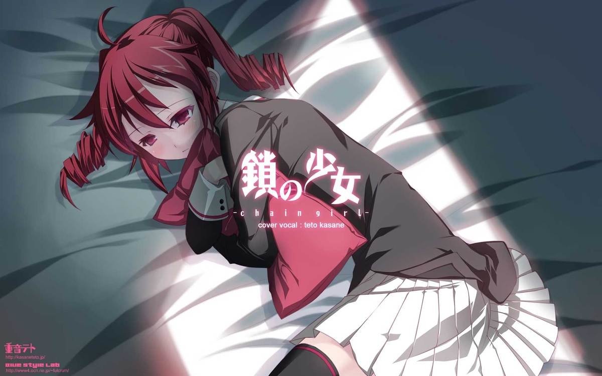 Kasane Teto (UTAU) anime girl lying on a bed, red twin-tailed hair, school-style outfit with dramatic striped light from blinds.