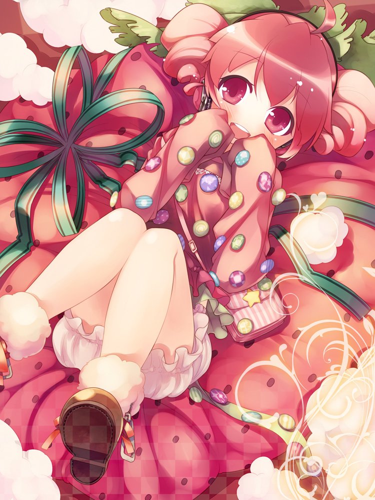 Anime-style illustration of Kasane Teto from Utau, featuring her in a festive outfit surrounded by colorful ribbons and decorations.