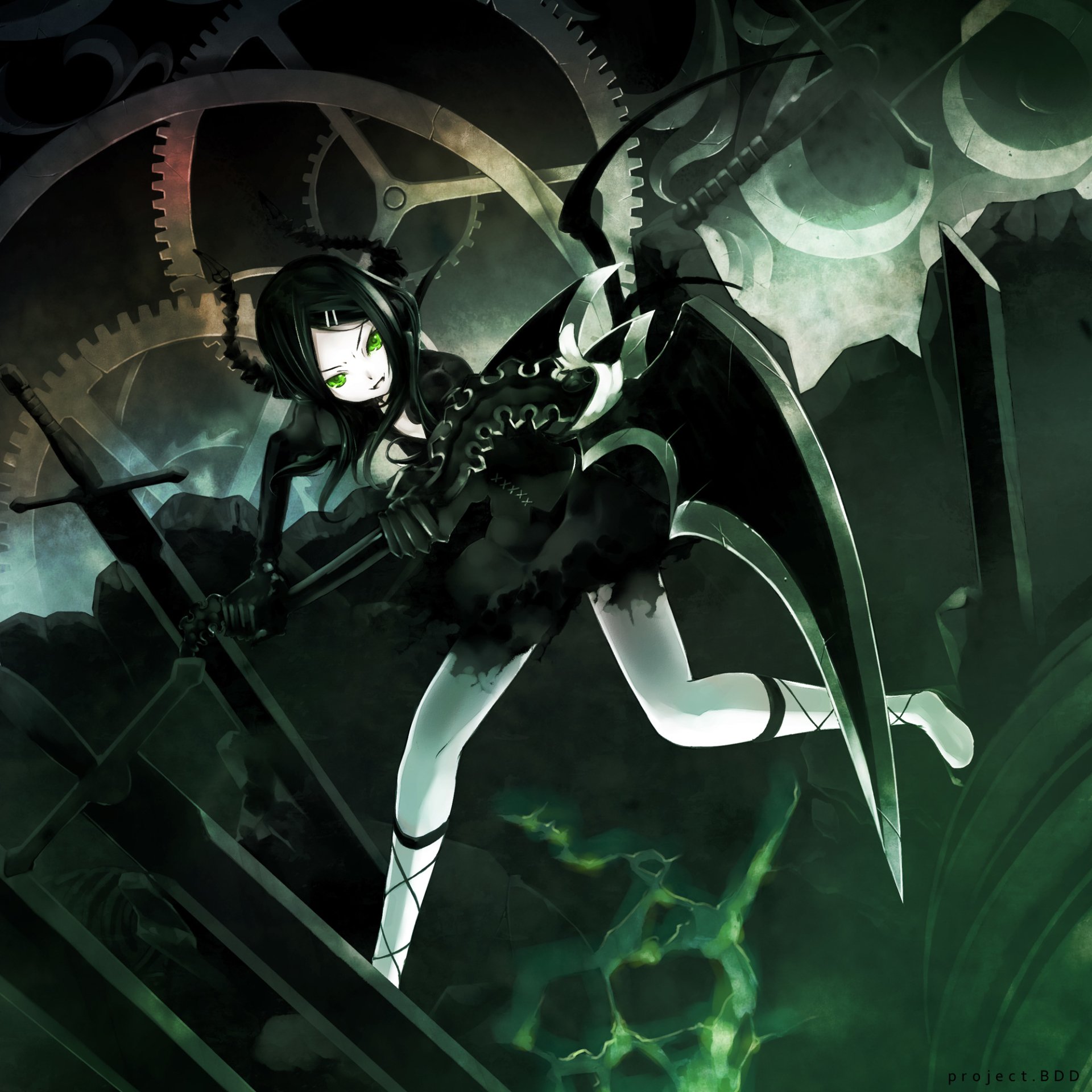Momone Momo from Utau: dark gothic anime girl with green eyes, bat-like wings and a scythe, leaping amid giant gears and glowing green energy.