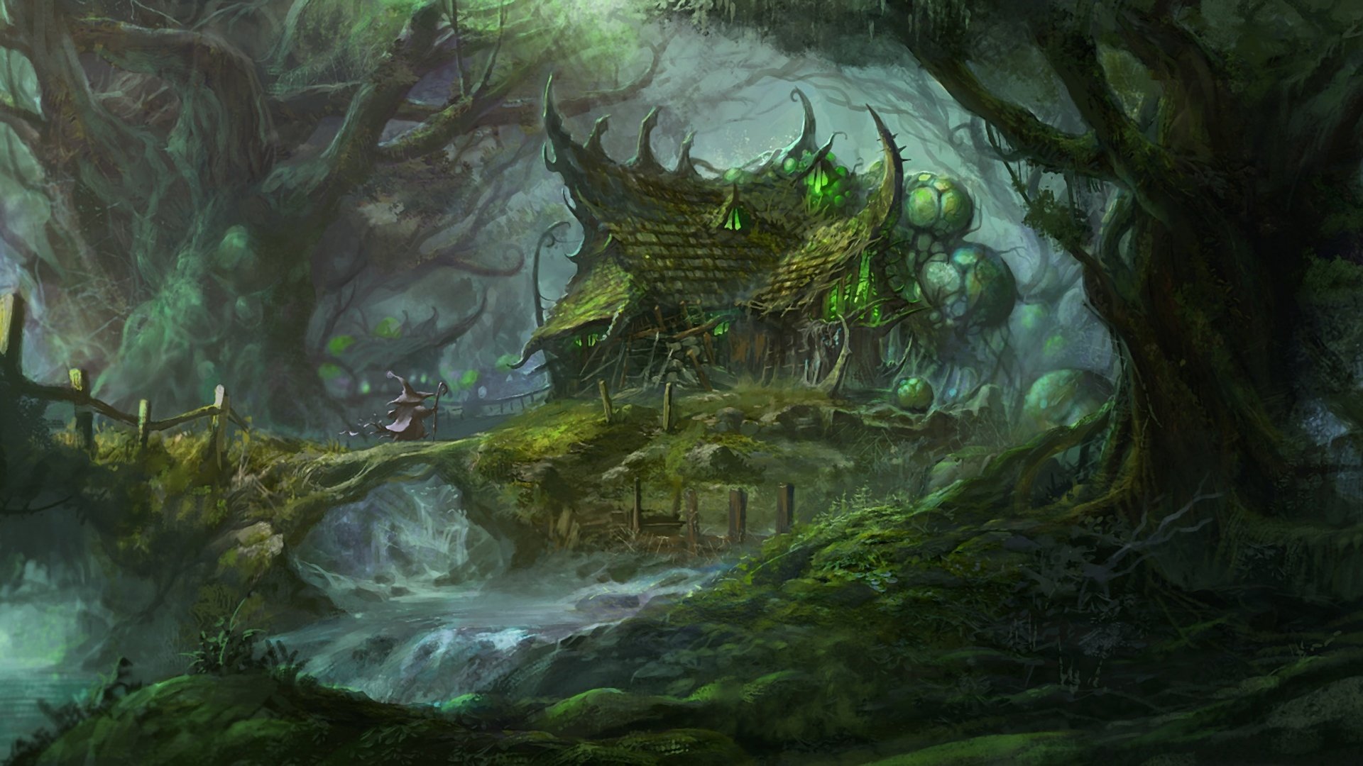 A mystical green forest surrounds a fantasy witch or wizard’s cottage nestled among large trees and misty terrain.