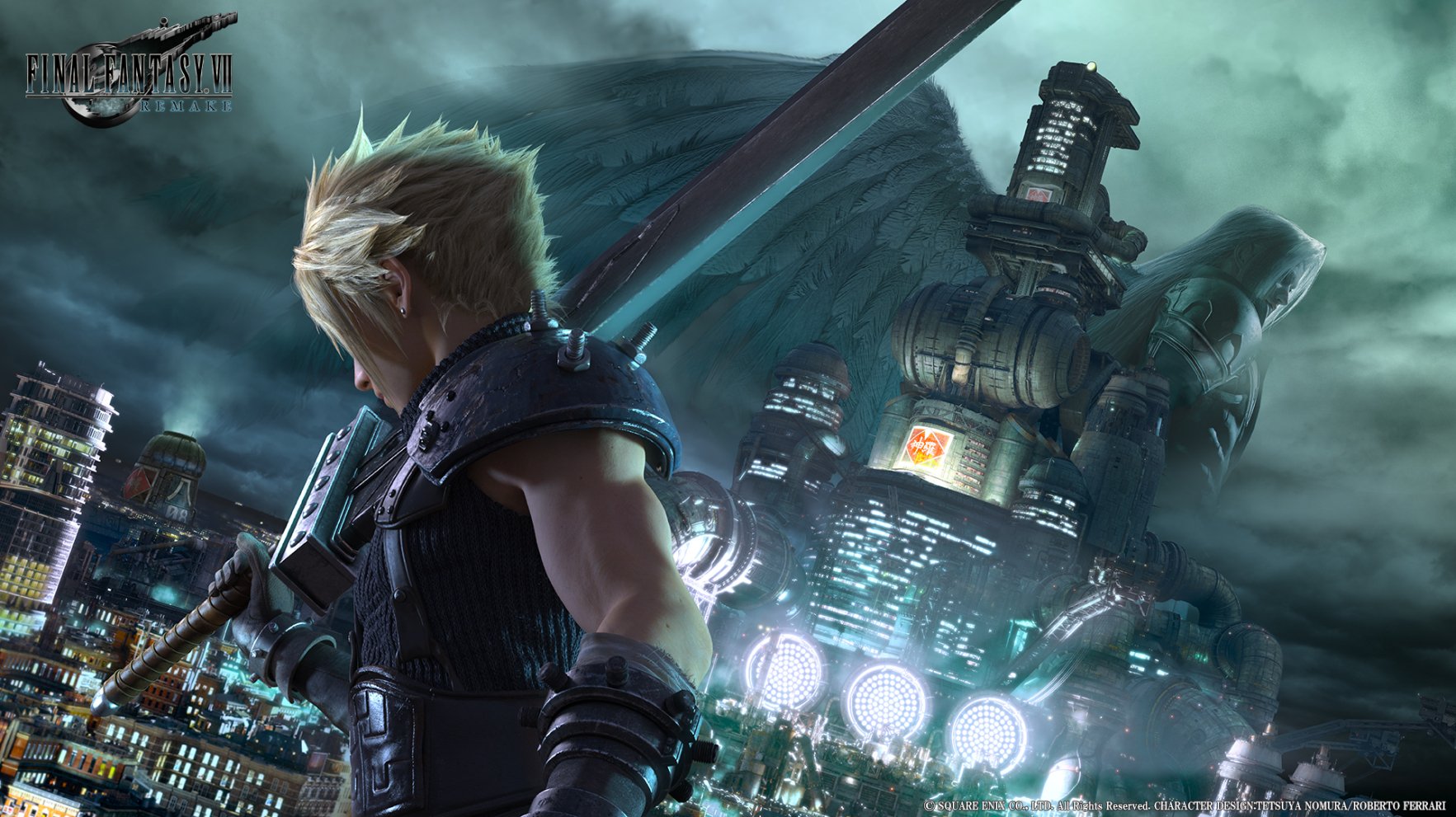 Cloud Strife from the video game Final Fantasy VII stands with his iconic large sword against a dark, industrial cityscape with a glowing sky.