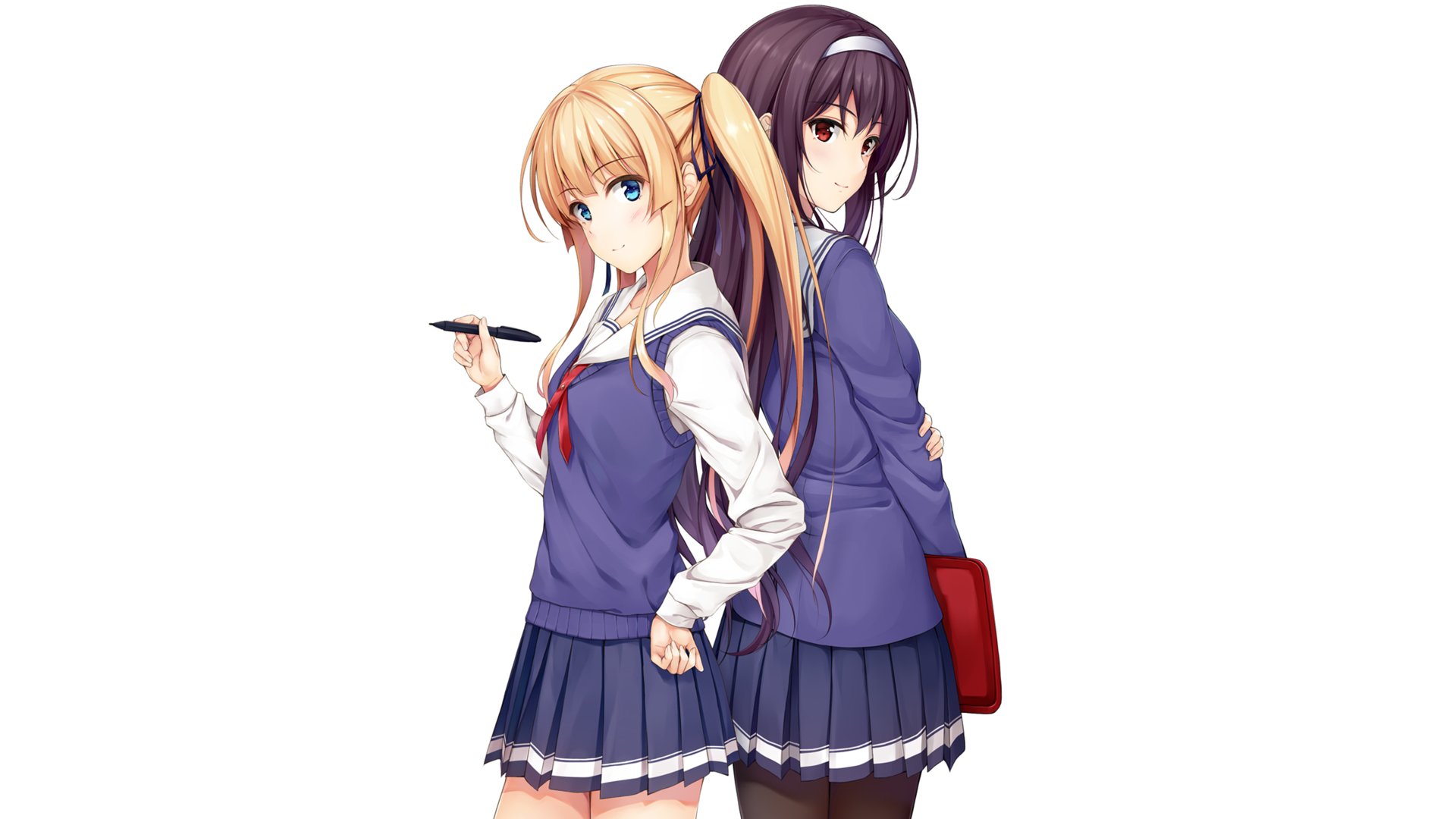Utaha Kasumigaoka and Eriri Spencer Sawamura from the anime Saekano: How to Raise a Boring Girlfriend stand back-to-back in school uniforms.