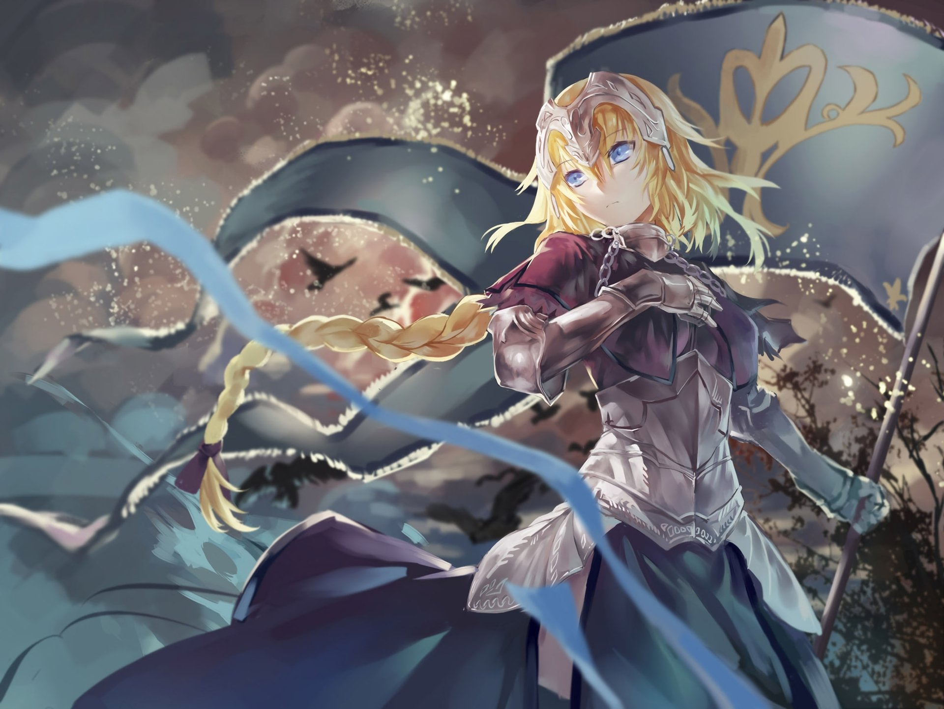A blonde woman warrior with blue eyes and a braid, clad in armor, stands confidently with a flag. This depiction of Jeanne d'Arc is inspired by the Fate/Grand Order and Fate/Apocrypha series.