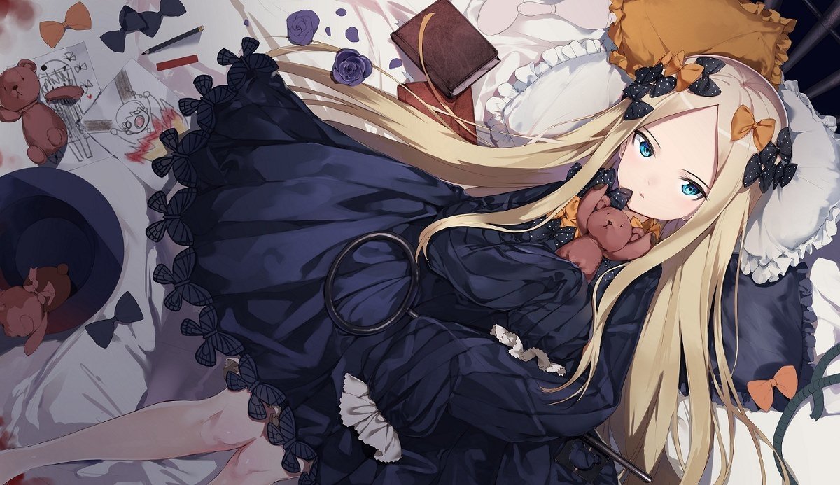 Abigail Williams (Fate/Grand Order) in a black gothic-lolita dress, long blonde hair and blue eyes, reclining on a bed surrounded by teddy bears, ribbons and books in anime style.