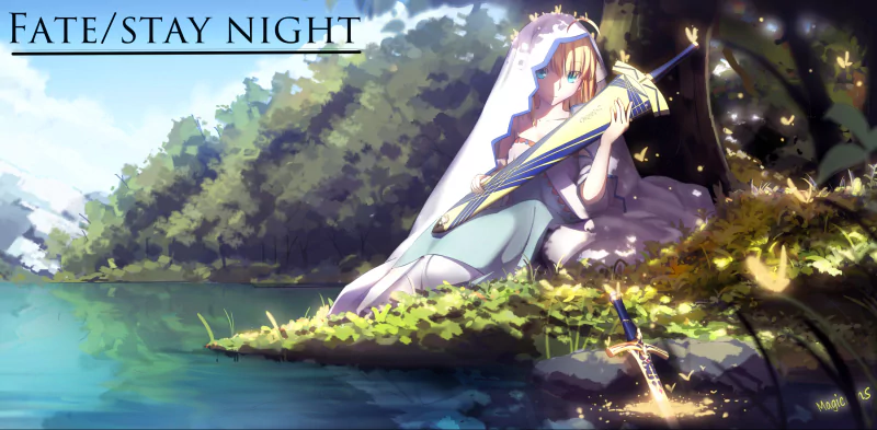 Anime scene of Saber (Fate/Stay Night) with blue eyes kneeling by a sunlit lake, gripping her sword as its blade sparkles and sends ripples across the water.