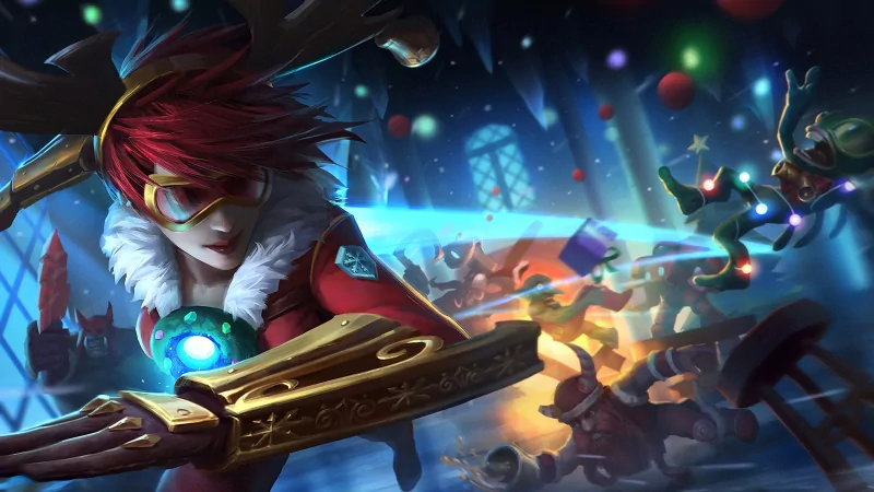 Tracer from Overwatch dressed in festive Christmas attire, wielding her pulse pistols in a snowy, holiday-themed video game scene.