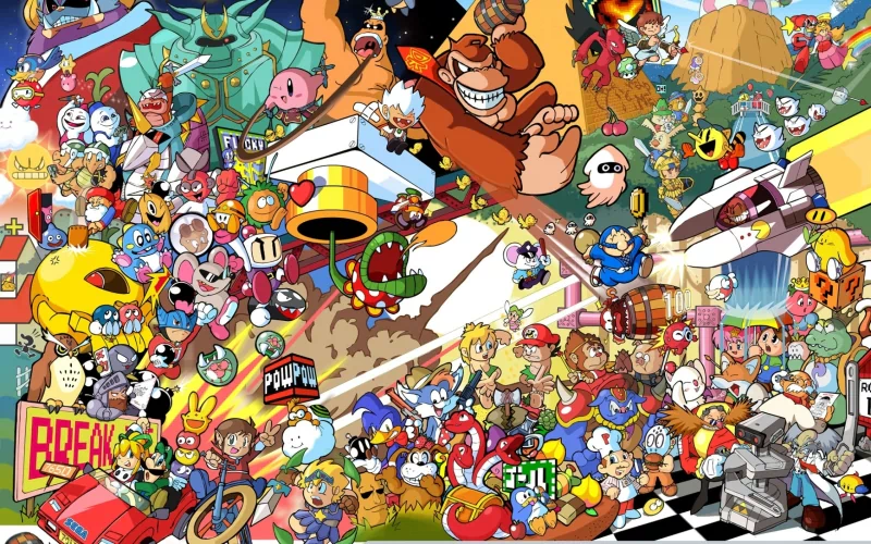 A vibrant collage of iconic characters from Nintendo video games, showcasing a colorful array of familiar faces and scenes from various titles.
