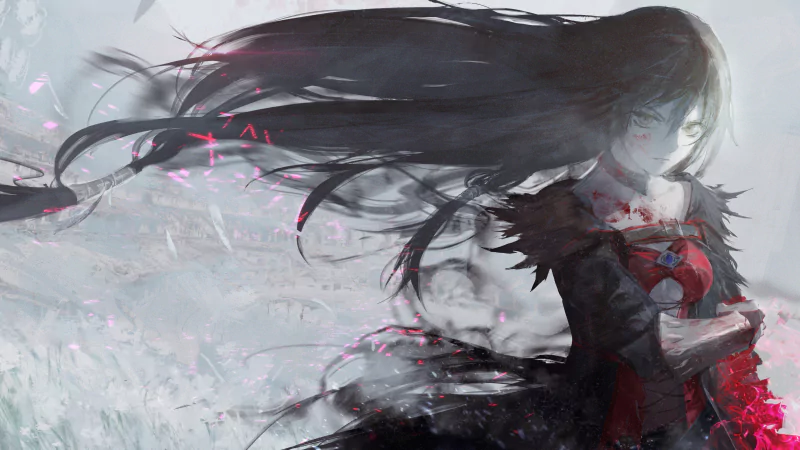 Velvet Crowe from the video game Tales of Berseria — windswept, dark-haired heroine in a tattered black and red outfit, hair flowing across a pale, stormy background.