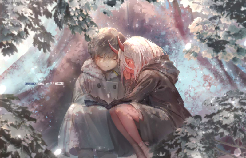 Hiro and Zero Two from Darling in the FranXX share an intimate moment in a softly lit, snowy forest scene, blending anime style with emotional warmth.