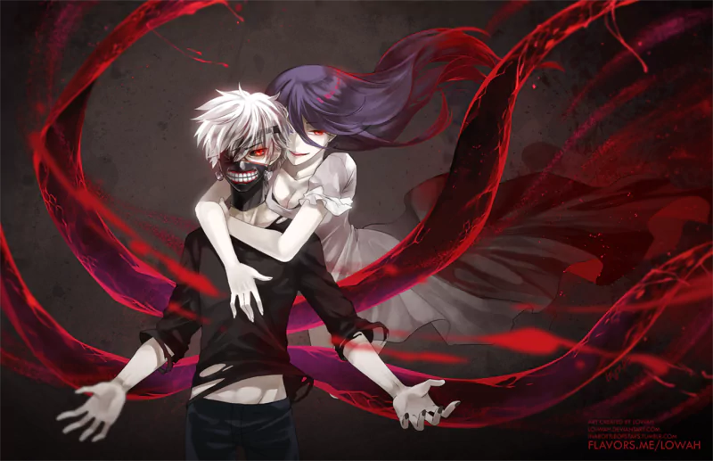 Ken Kaneki and Rize Kamishiro from Tokyo Ghoul are depicted in a dark, dynamic scene with flowing red elements, showcasing their intense and complex relationship.