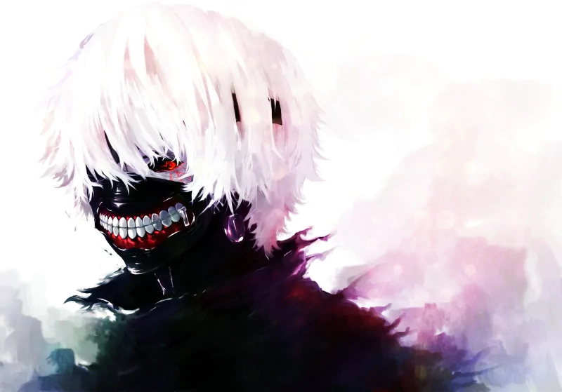 A striking depiction of Ken Kaneki from the anime Tokyo Ghoul, showcasing his dual nature with a haunting smile and intense gaze amidst a vibrant, abstract background.