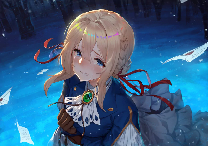 Violet Evergarden from the anime, depicted with braided blonde hair and blue eyes, surrounded by floating letters in a serene, glowing blue background.