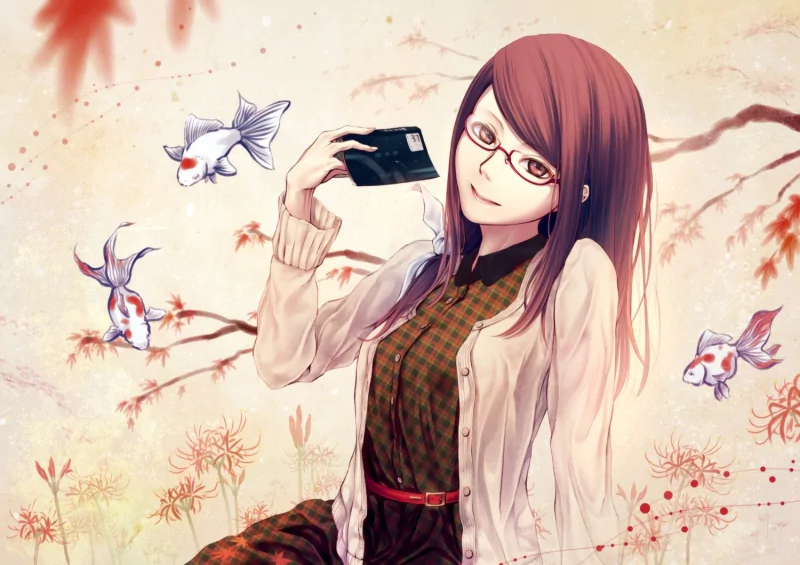 Rize Kamishiro from *Tokyo Ghoul*, depicted in an artistic setting with autumn leaves and goldfish, holding a card and wearing stylish glasses, exuding a calm yet intriguing aura.
