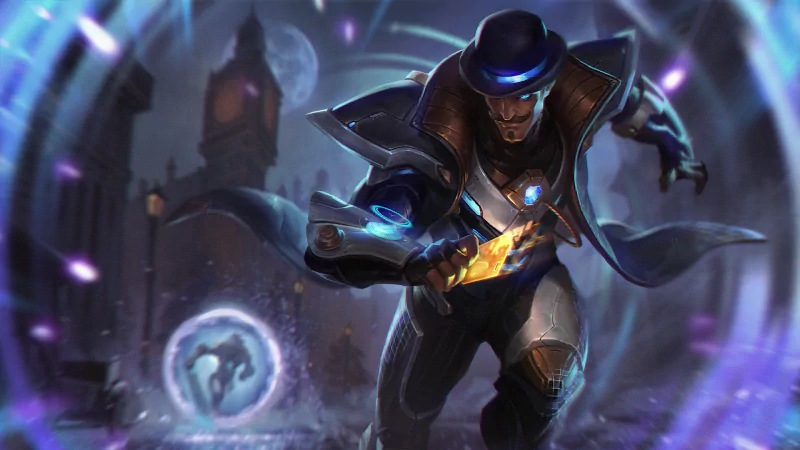 Twisted Fate from League of Legends, depicted in dynamic action with glowing cards, set against a dark, mystical background from the video game.