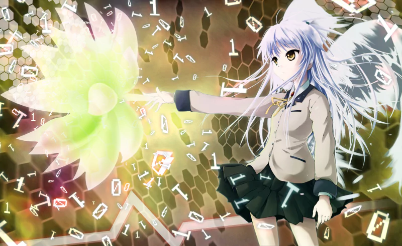 Kanade Tachibana from the anime Angel Beats! stands gracefully, extending her hand towards a glowing green flower amidst a backdrop of digital elements and soft colors.