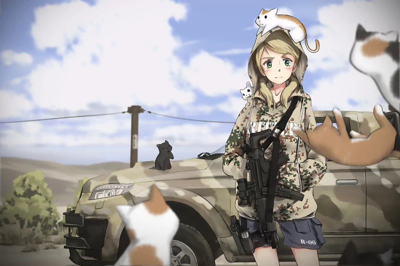 Anime military scene: a young soldier in camouflage holds a rifle beside a camo vehicle in a dry landscape, playful cats clamber on and around her — military anime.