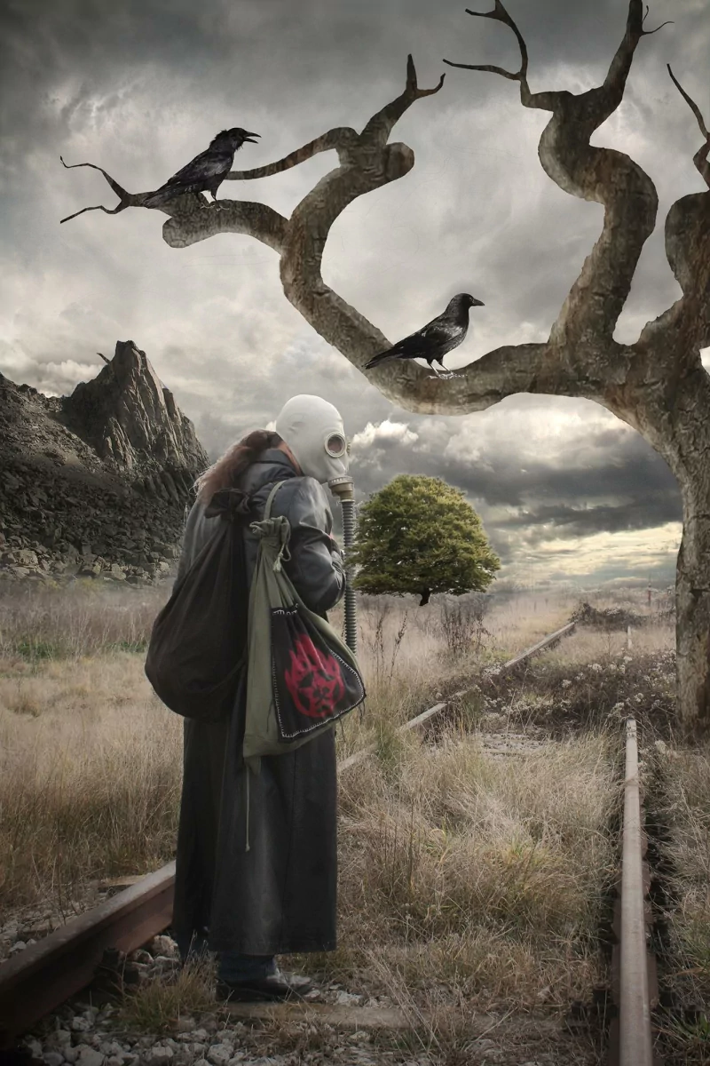 Sci-fi post-apocalyptic scene: lone figure in a gas mask and long coat walks abandoned railroad past a twisted dead tree with crows, stormy sky and a lone green tree on the horizon.
