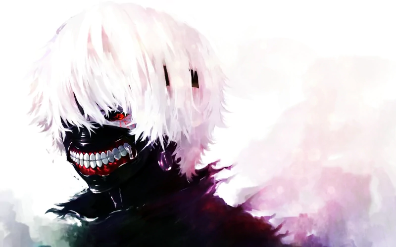 A striking illustration of Ken Kaneki from the anime Tokyo Ghoul, showcasing his dual nature with haunting eyes and a menacing smile against a vibrant background.