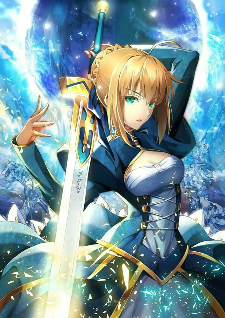 Saber, also known as Artoria Pendragon from the Fate Series, stands confidently with her sword, surrounded by a mystical blue aura in this vibrant anime artwork.