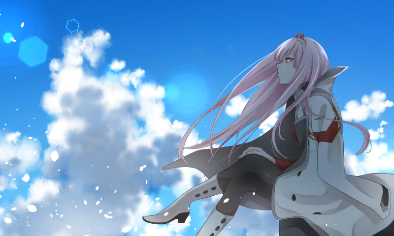 Zero Two from Darling in the FranXX stands against a bright blue sky with fluffy clouds, her pink hair flowing in the breeze in this vibrant anime scene.