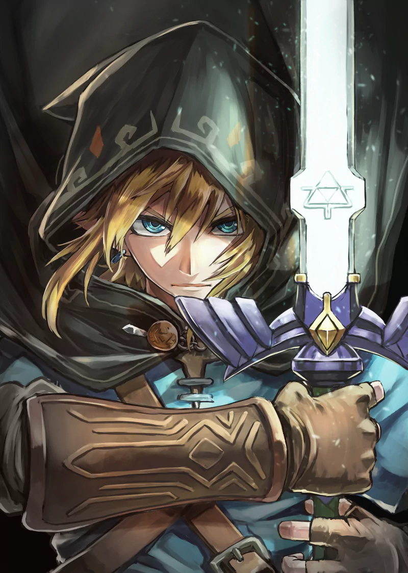 A hooded figure wielding a sword, embodying Link from the video game The Legend of Zelda: Breath of the Wild, exudes a sense of courage and determination.