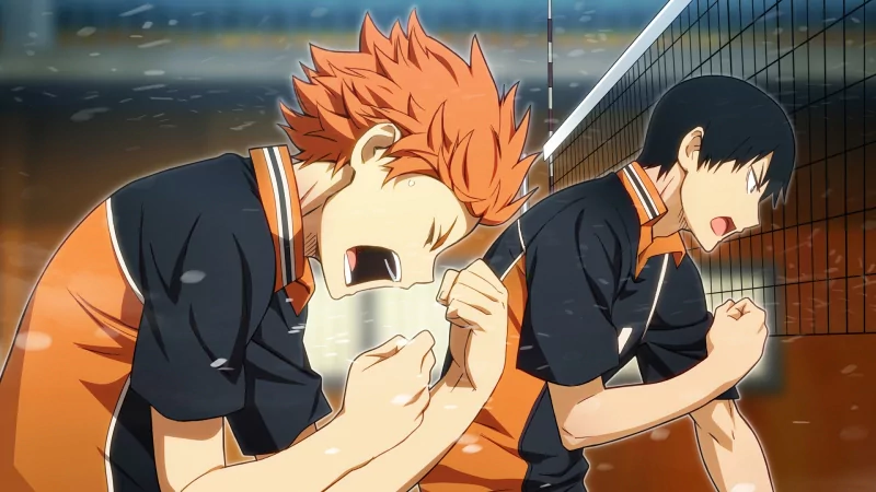 Haikyū!! anime: Tobio Kageyama and Shōyō Hinata in Karasuno uniforms, fists clenched and shouting beside a volleyball net.