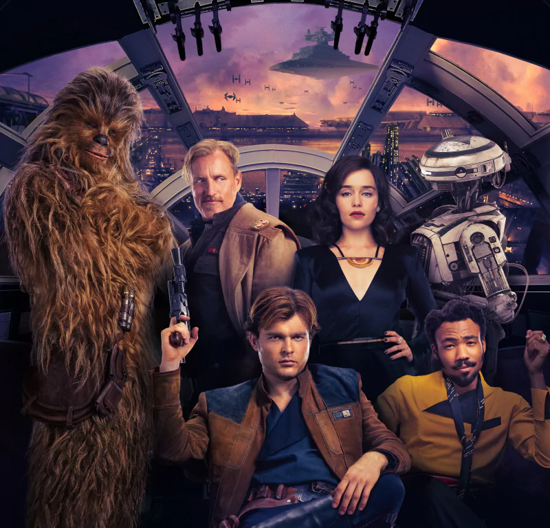Donald Glover Woody Harrelson Emilia Clarke Alden Ehrenreich L3-37 Tobias Beckett Qi'ra (Star Wars) Lando Calrissian Chewbacca Han Solo movie Solo: A Star Wars Story Image