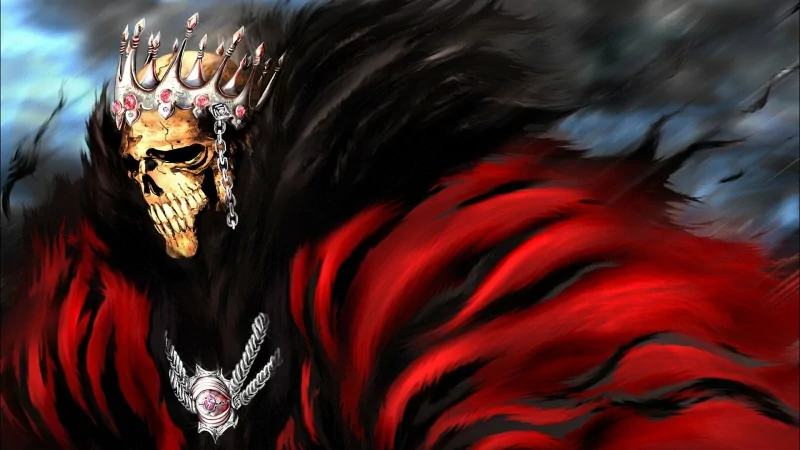 Baraggan Louisenbairn (Bleach anime) as a skeletal king with a jeweled crown, wild black mane and a billowing red cloak set against a stormy, wind-swept background.